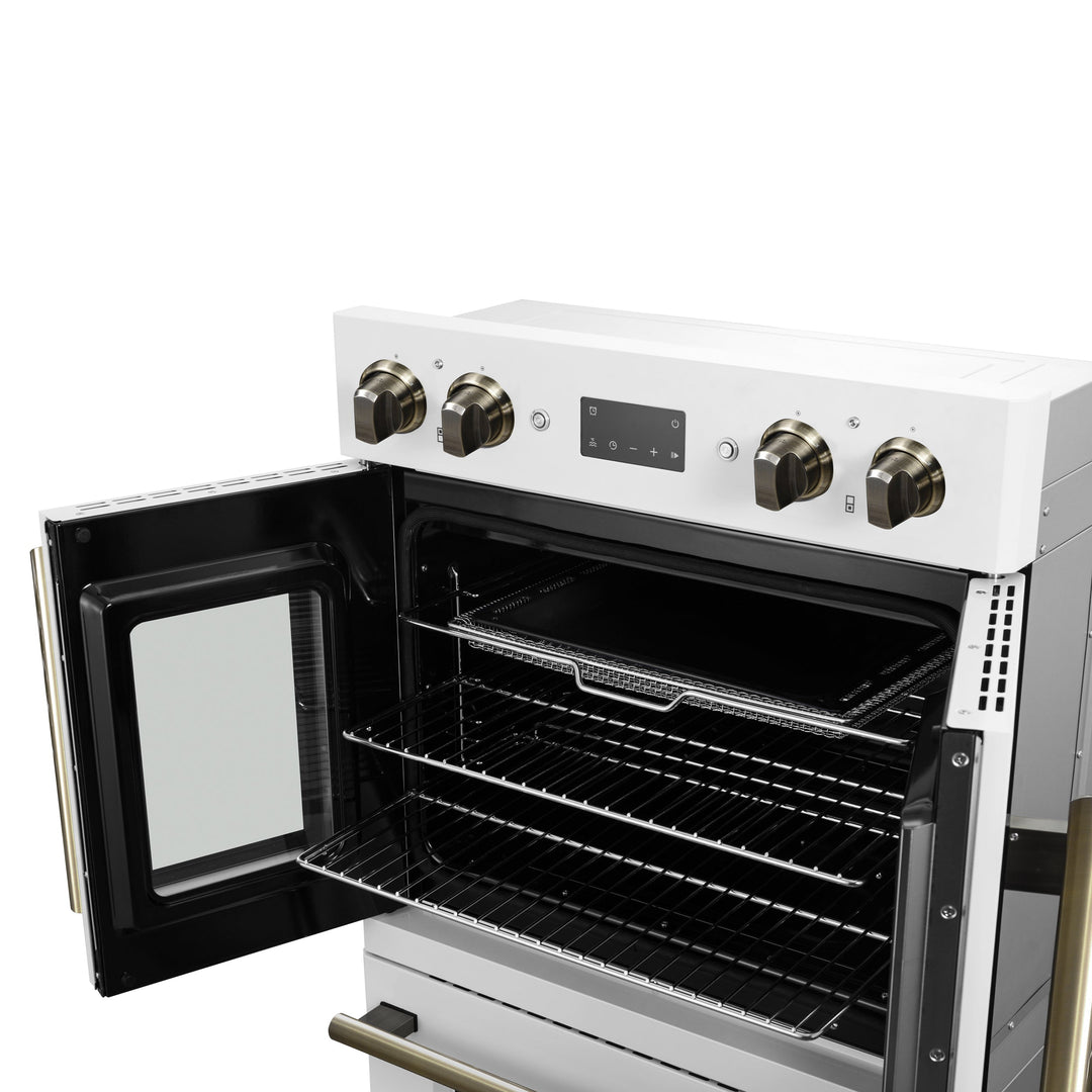 Forno Asti 30-Inch Double Electric Wall Oven with Upper French Doors in White &amp; Antique Brass, 7.36 cu. ft. Dual True Convection, 7,200W, Air Fry, Sous Vide, Self-Clean