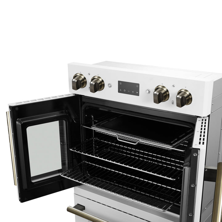 Forno Asti 30-Inch Double Electric Wall Oven with Upper French Doors in White &amp; Antique Brass, 7.36 cu. ft. Dual True Convection, 7,200W, Air Fry, Sous Vide, Self-Clean