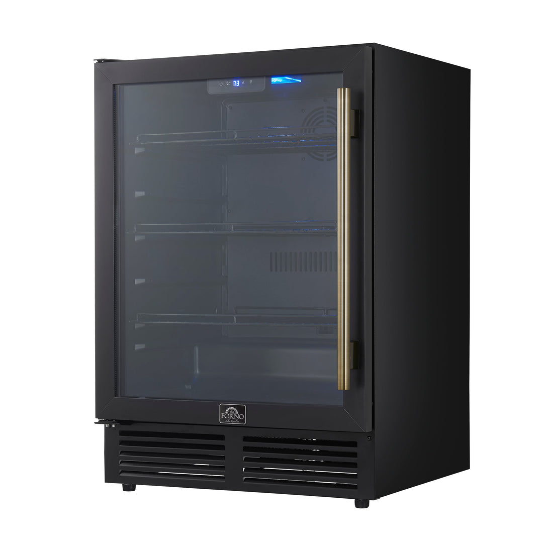 Forno Frescolino 24 Inch Beverage Cooler, Black with Antique Brass Handles, with LED Lighting, Triple Glass Door, 188 Can Capacity, Built-In or Freestanding