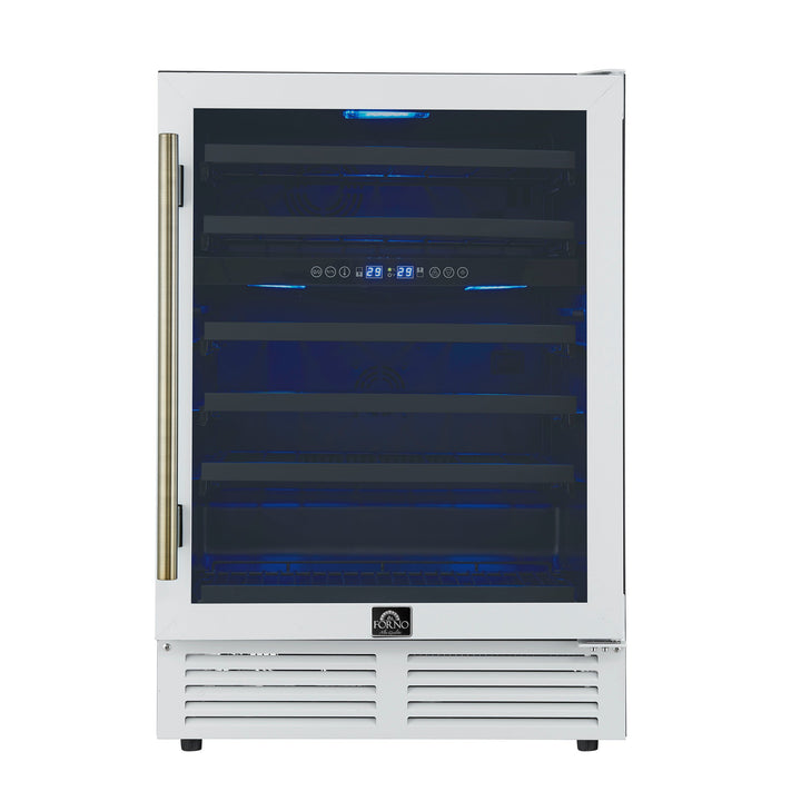 Forno Bacchino 24 Inch Wine Cooler, White with Antique Brass Handles, with LED Lighting, Triple Glass Door, 51 Bottle Capacity, Built-In or Freestanding