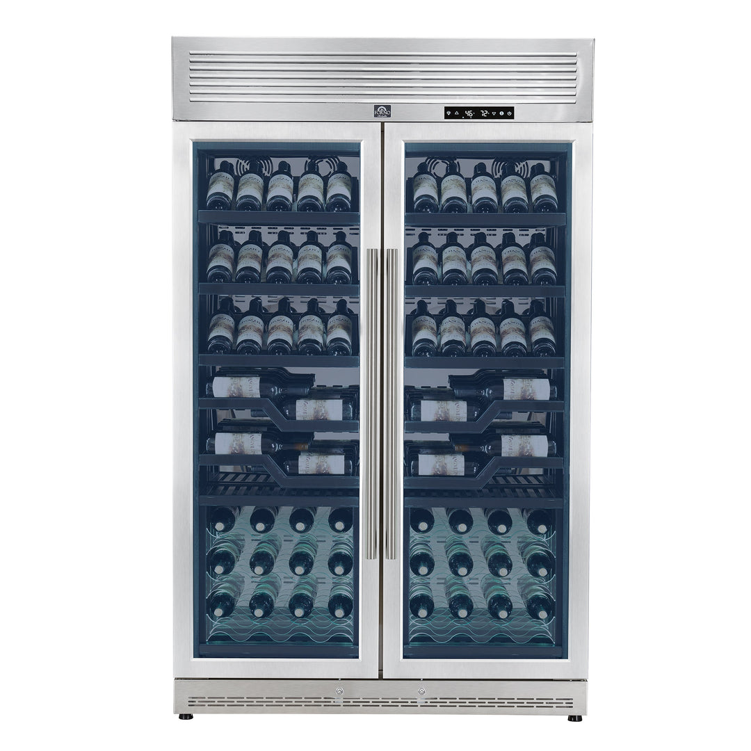 FORNO Abruzzo 48-Inch Dual Zones Wine Cellar, 102 Bottles, 24 cu. ft., Green Acrylic Holders &amp; Black Shelves