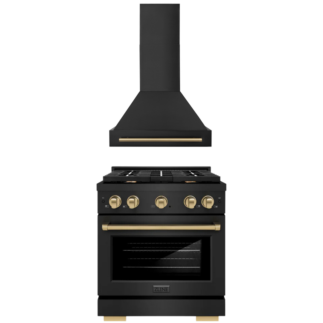 ZLINE Autograph Package - 30 In. Gas Range, Range Hood in Black Stainless Steel with Champagne Bronze Accents, 2AKP-SGRBRH30-CB