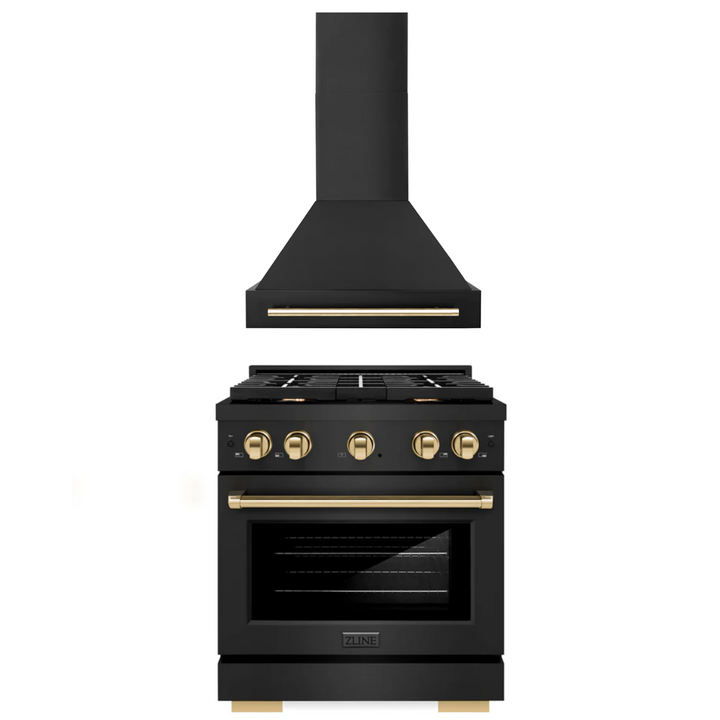 ZLINE Autograph Package - 30 In. Gas Range, Range Hood in Black Stainless Steel with Gold Accents, 2AKP-RGBRH30-G