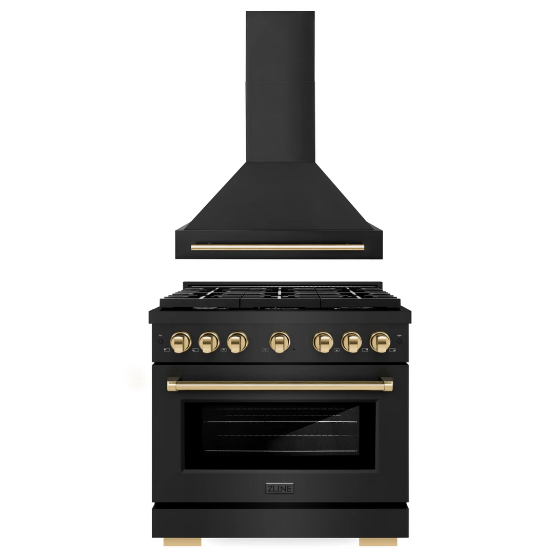 ZLINE Autograph Package - 36 In. Gas Range, Range Hood in Black Stainless Steel with Gold, 2AKP-RGBRH36-G