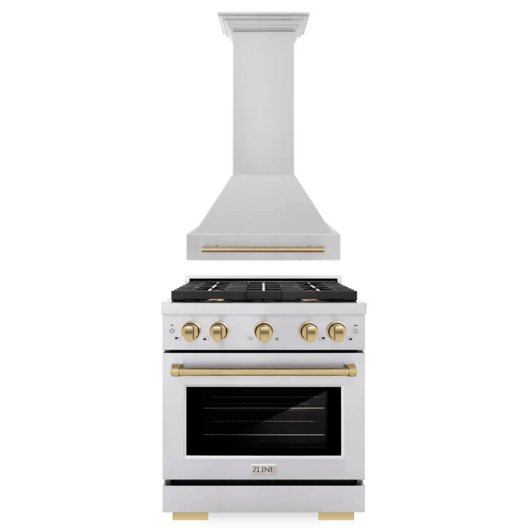 ZLINE Autograph Package - 30 In. Gas Range, Range Hood in Stainless Steel with Champagne Bronze Accents, 2AKP-RGRH30-CB