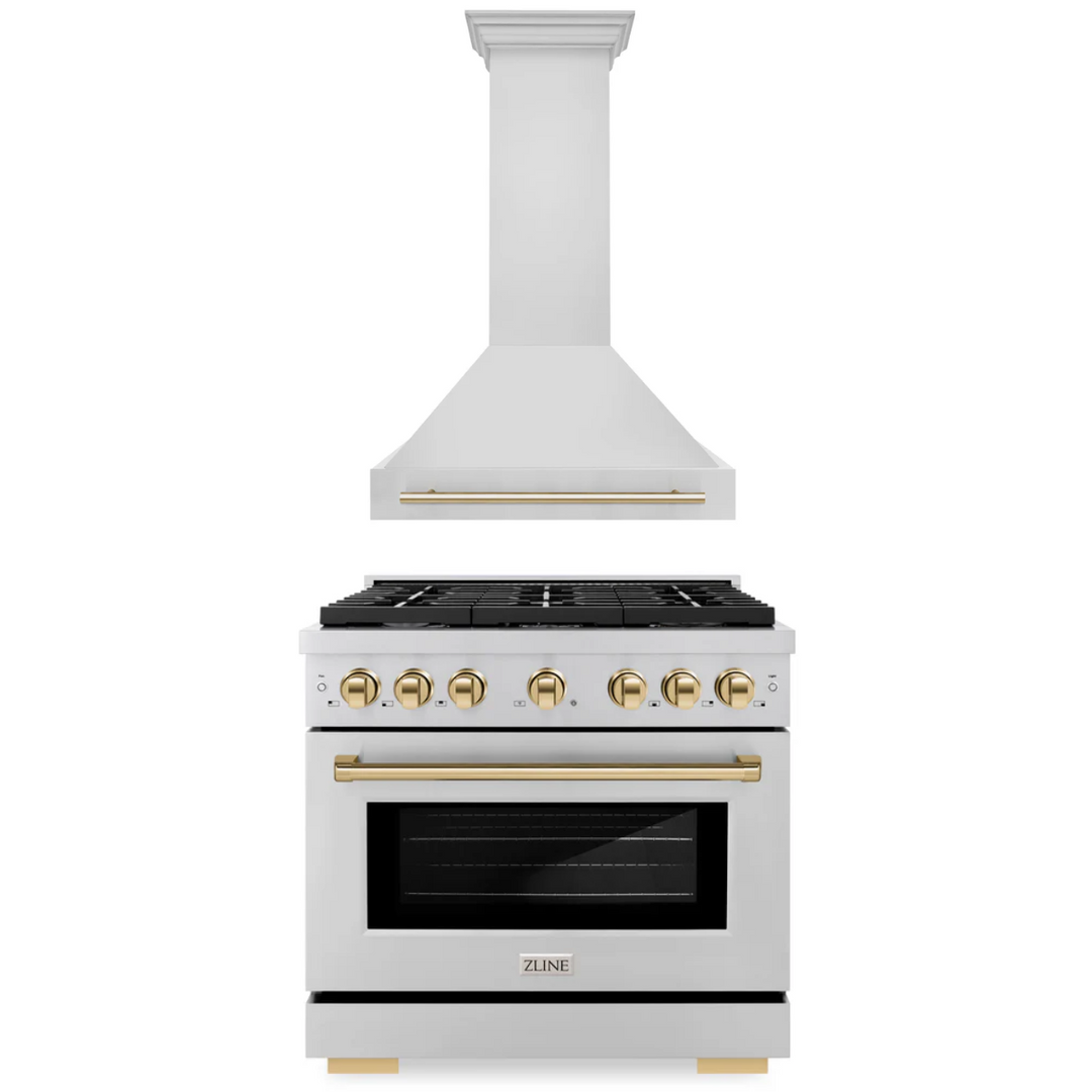 ZLINE Autograph Package - 36 In. Gas Range and Range Hood in Stainless Steel with Gold Accents, 2AKP-RGRH36-G