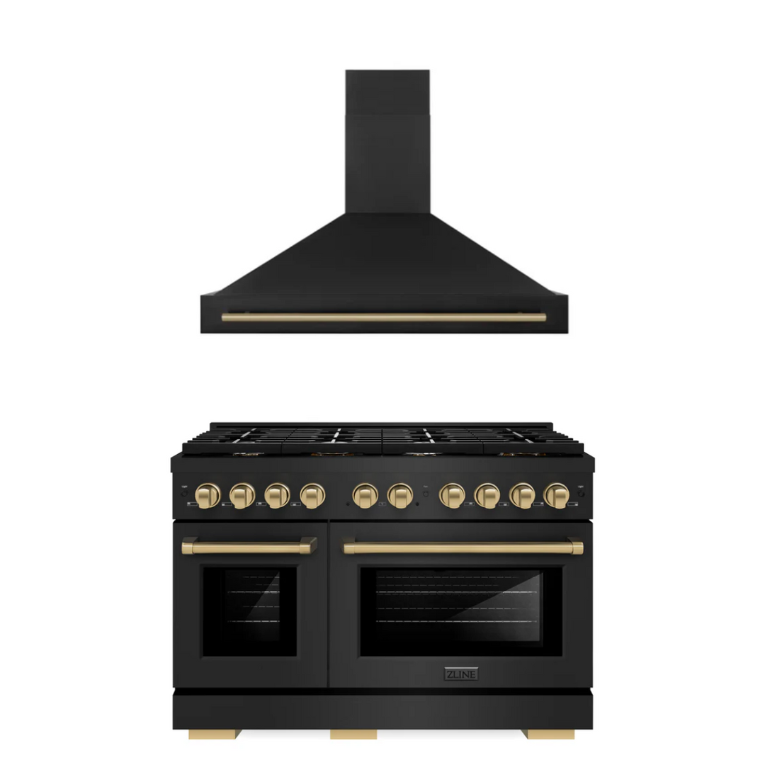 ZLINE Autograph Package - 48 In. Gas Range and Range Hood in Black Stainless Steel with Champagne Bronze Accents, 2AKPR-RGBRH48-CB