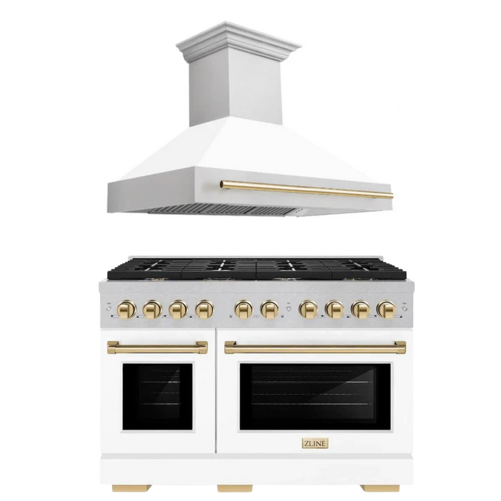 ZLINE Autograph Package - 48 In. Gas Range and Range Hood in DuraSnow® Stainless Steel with White Matte Door and Gold Accents, 2AKPR-RGSWMRH48-G