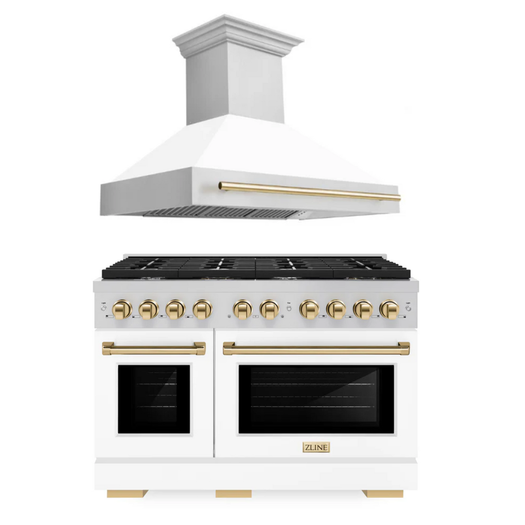 ZLINE Autograph Package - 48 In. Gas Range and Range Hood in Stainless Steel with White Matte Door and Gold Accents, 2AKPR-RGWMRH48-G