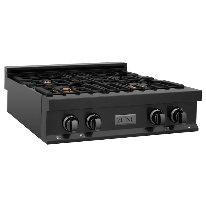 ZLINE Kitchen Package with 30 in. Black Stainless Steel Rangetop, 30 in. Over The Range Microwave with Modern Handle and Double Wall Oven (3KP-RTBOTR30-AWD)