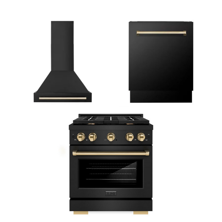 ZLINE Autograph Package - 30 In. Gas Range, Range Hood, Dishwasher in Black Stainless Steel with Gold Accent, 3AKP-RGBRHDWV30-G