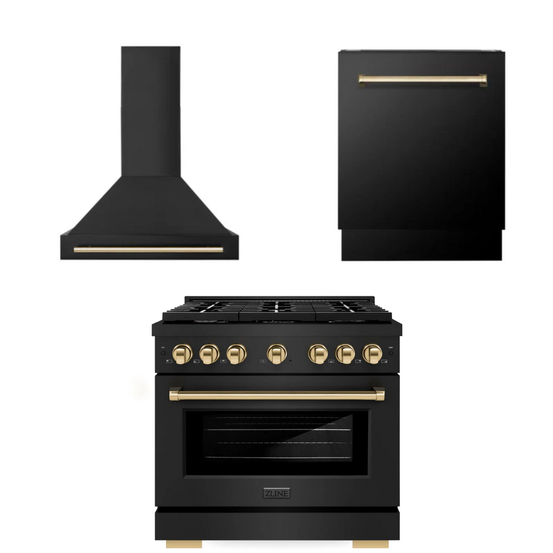 ZLINE Autograph Package - 36 In. Gas Range, Range Hood, Dishwasher in Black Stainless Steel with Gold Accents, 3AKP-RGBRHDWV36-G