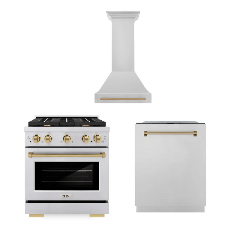 ZLINE Autograph Package - 30 In. Gas Range, Range Hood, Dishwasher in Stainless Steel with Champagne Bronze Accents, 3AKP-RGRHDWM30-CB