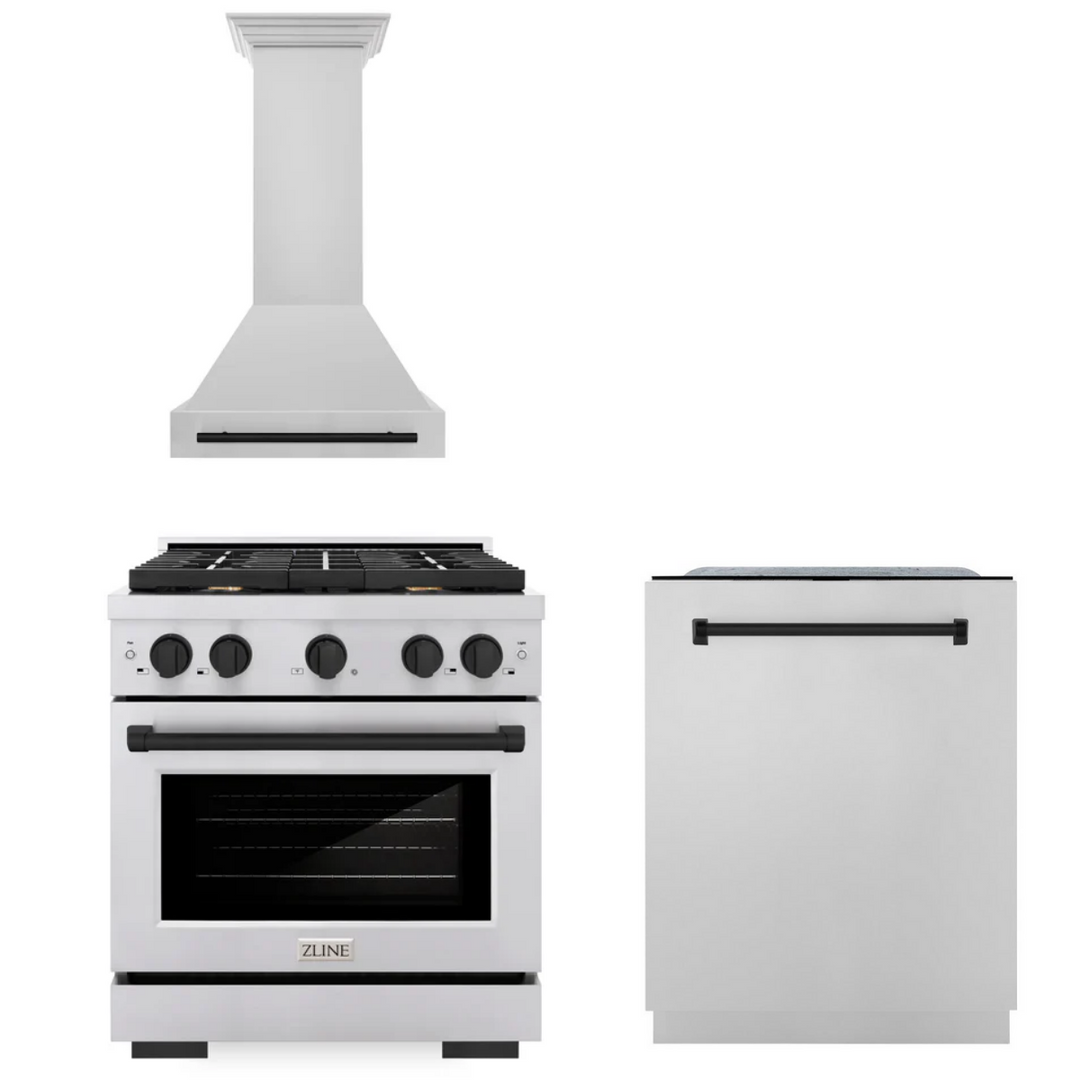 ZLINE Autograph Package - 30 In. Gas Range, Range Hood, Dishwasher in Stainless Steel with Matte Black Accents, 3AKP-RGRHDWM30-MB