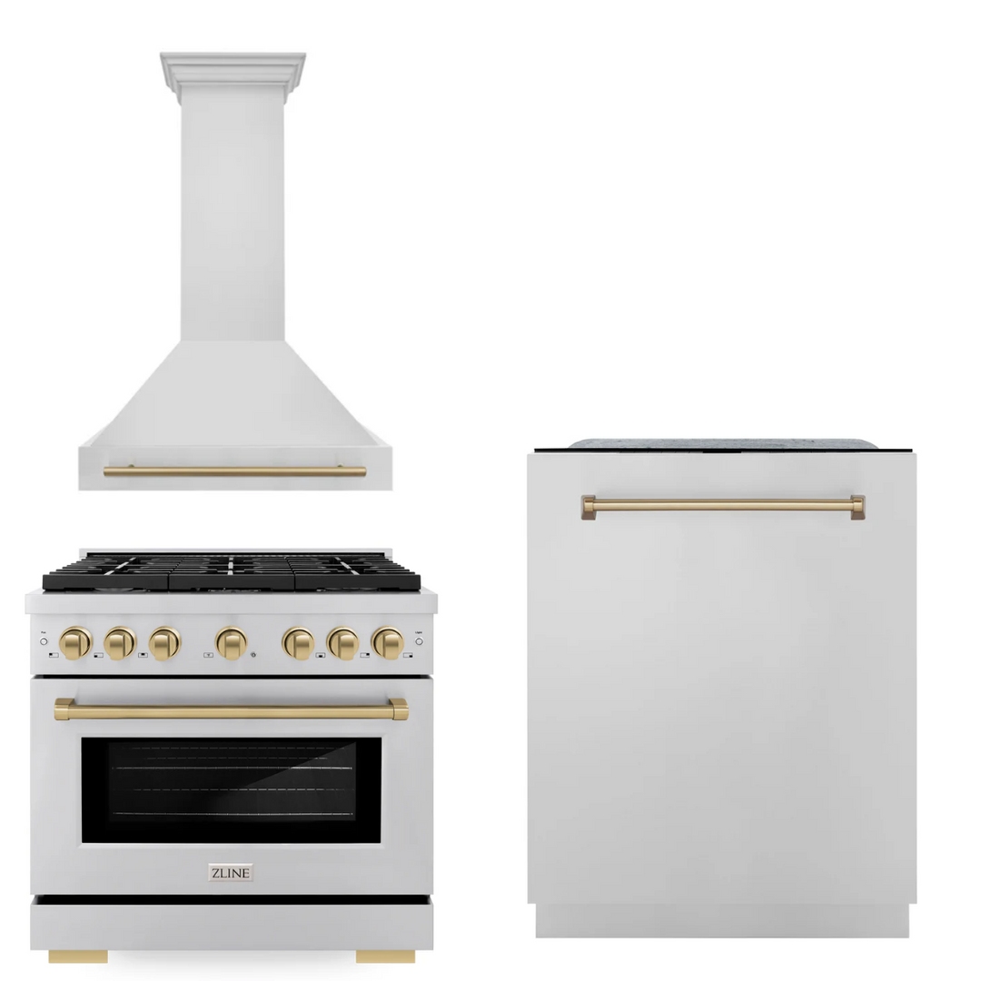 ZLINE Autograph Package - 36 In. Gas Range, Range Hood, Dishwasher in Stainless Steel with Champagne Bronze Accents, 3AKP-RGRHDWM36-CB