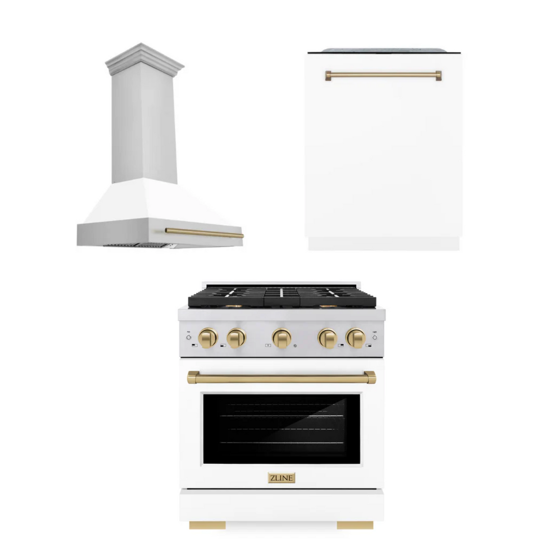 ZLINE Autograph Package - 30 In. Gas Range, Range Hood, Dishwasher in White with Champagne Bronze Accents, 3AKP-RGWMRHDWM30-CB