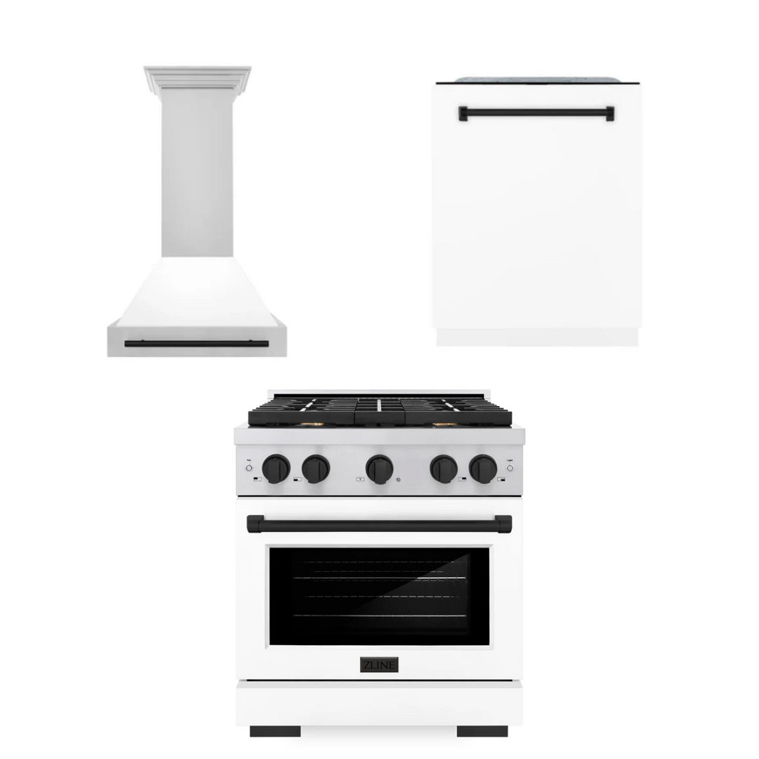 ZLINE Autograph Package - 30 In. Gas Range, Range Hood, Dishwasher in White with Matte Black Accents, 3AKP-RGWMRHDWM30-MB