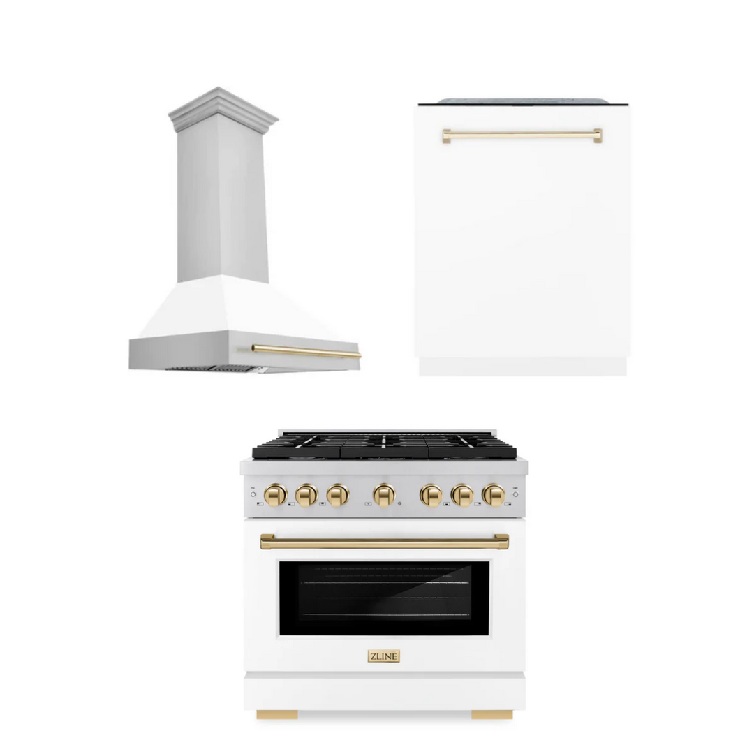 ZLINE Autograph Package - 36 In. Gas Range, Range Hood, Dishwasher in White with Gold Accents, 3AKP-RGWMRHDWM36-G