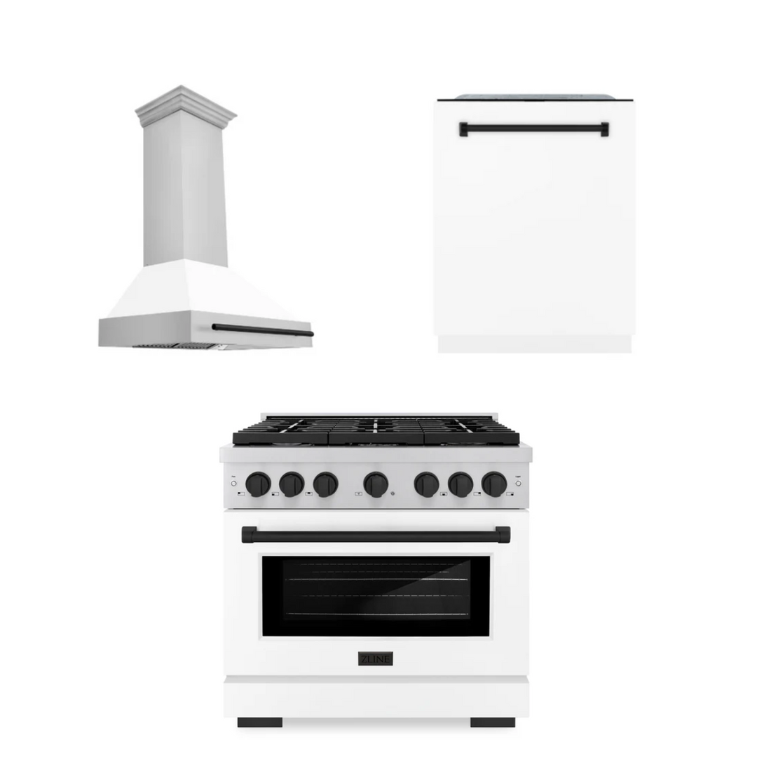 ZLINE Autograph Package - 36 In. Gas Range, Range Hood, Dishwasher in White Matte with Matte Black Accents, 3AKP-RGWMRHDWM36-MB