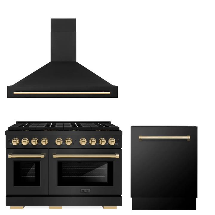 ZLINE Autograph Package - 48 In. Gas Range, Range Hood and Dishwasher in Black Stainless Steel with Gold Accents, 3AKPR-RGBRHDWV48-G