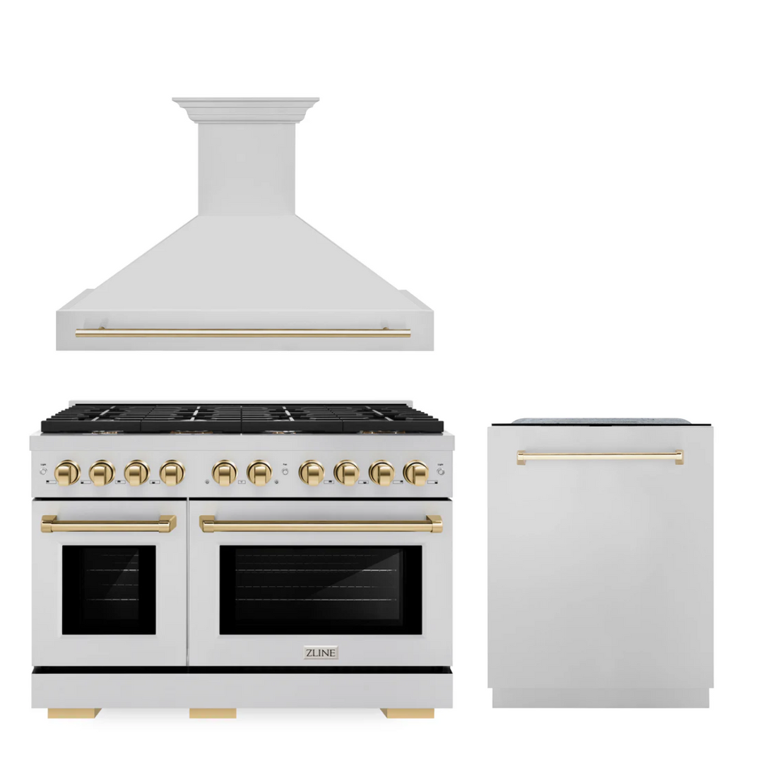 ZLINE Autograph Package - 48 In. Gas Range, Range Hood and Dishwasher in Stainless Steel with Gold Accents, 3AKPR-RGRH48-G