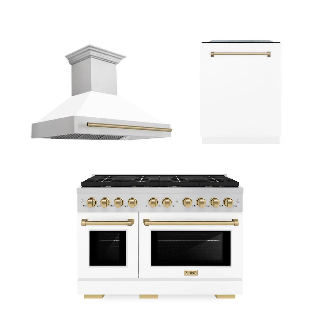 ZLINE Autograph Package - 48 In. Gas Range, Range Hood, and Dishwasher with White Matte Door and Bronze Accents, 3AKPR-RGSWMRHDWM48-CB