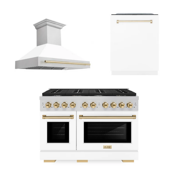 ZLINE Autograph Package - 48 In. Gas Range, Range Hood and Dishwasher in with White Matte Door and Gold Accents, 3AKPR-RGSWMRHDWM48-G