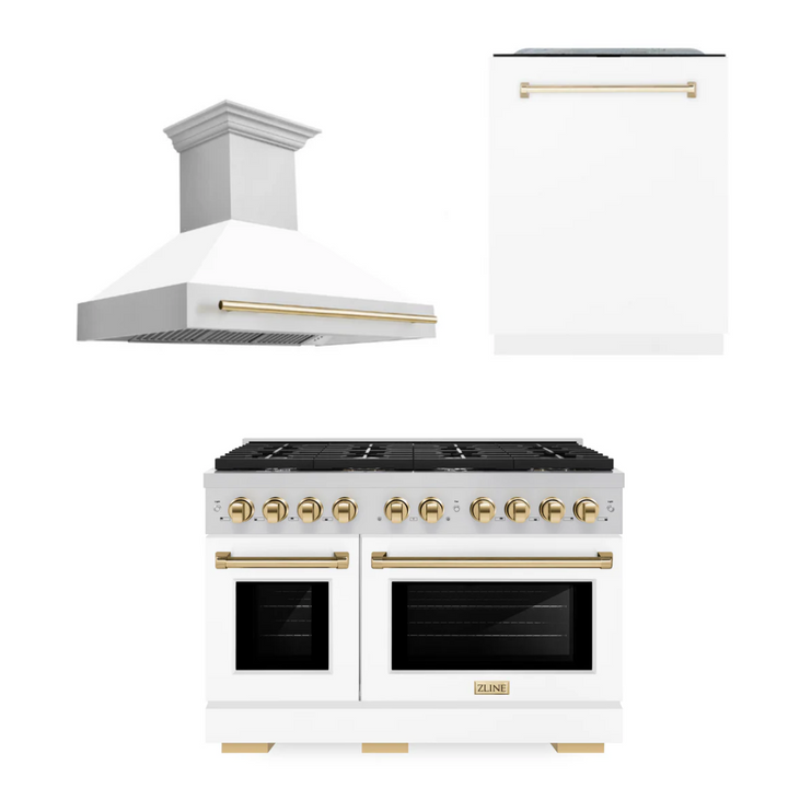 ZLINE Autograph Package - 48 In. Gas Range, Range Hood, and Dishwasher with White Matte Door and Gold Accents, 3AKPR-RGWMRH48-G