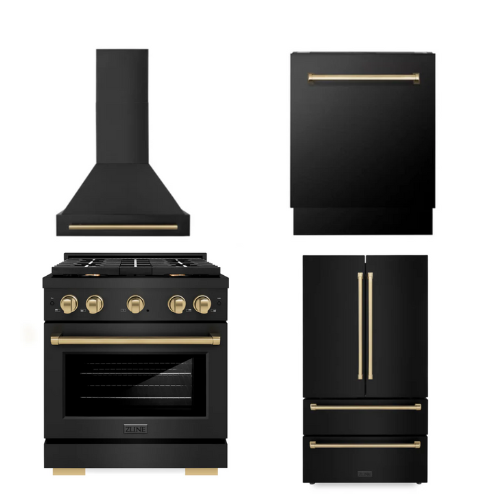 ZLINE Autograph Package - 30" Gas Range, Range Hood, Refrigerator, Dishwasher in Black Stainless with Bronze Accents