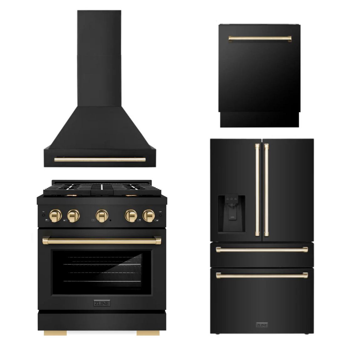 ZLINE Autograph Package - 30 In. Gas Range, Range Hood, Refrigerator with Water and Ice Dispenser, and Dishwasher in Black Stainless Steel with Gold Accents, 4AKPR-RGBRHDWV30-G