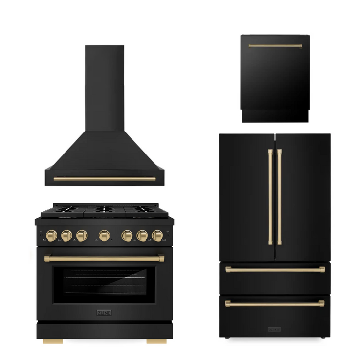 ZLINE Autograph Package - 36 Inch Gas Range, Range Hood, Dishwasher, Refrigerator in Black with Champagne Bronze Accents, 4AKPR-RGBRHDWV36-CB