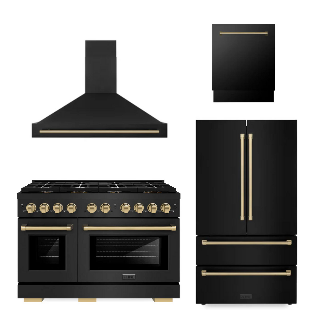 ZLINE Autograph Package - 48" Gas Range, Range Hood, Refrigerator, Dishwasher in Black Stainless Steel with Bronze Accents