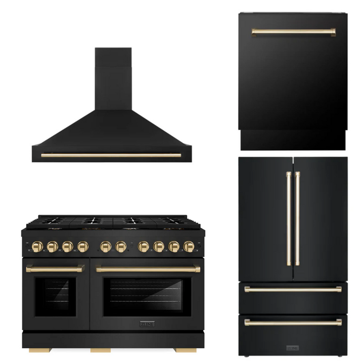 ZLINE Autograph Package - 48 In. Gas Range, Range Hood, Refrigerator, and Dishwasher in Black Stainless Steel with Gold Accents, 4AKPR-RGBRHDWV48-G