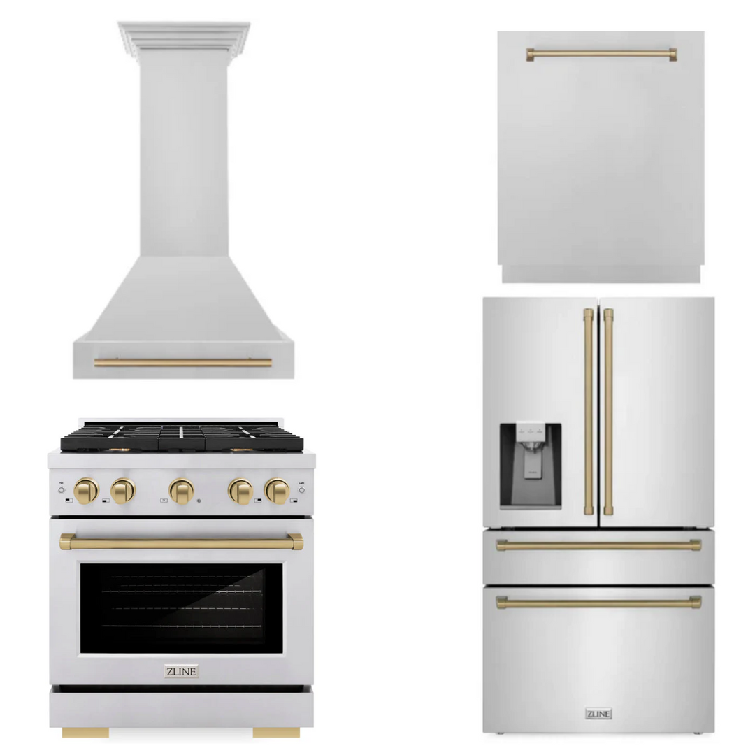 ZLINE Autograph Package - 30" Gas Range, Range Hood, Refrigerator with Water and Ice Dispenser, Dishwasher with Bronze Accents