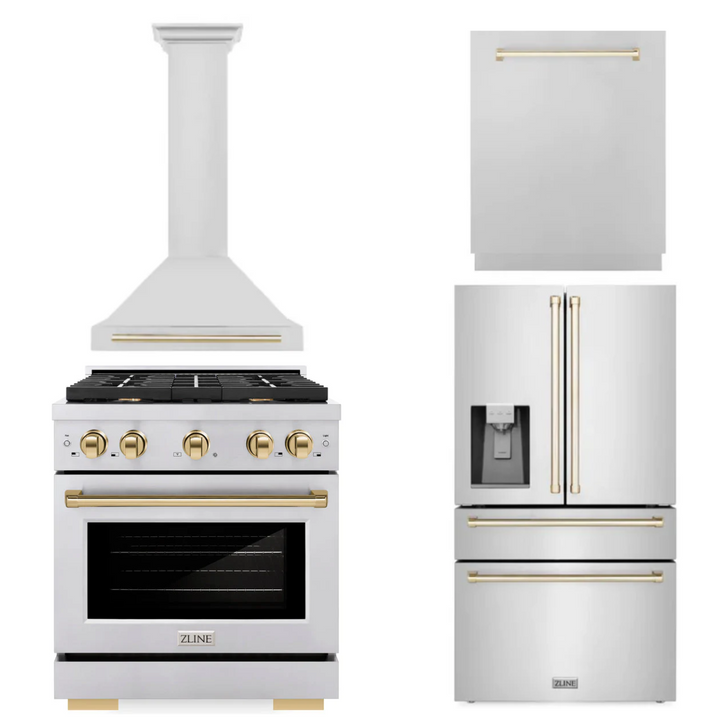 ZLINE Autograph Package - 30 In. Gas Range, Range Hood, Refrigerator, and Dishwasher in Stainless Steel with Gold Accents, 4AKPR-RGRHDWM30-G