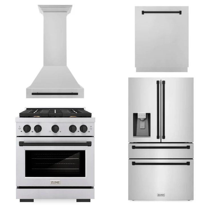 ZLINE Autograph Package - 30 In. Gas Range, Range Hood, Refrigerator, and Dishwasher in Stainless Steel with Matte Black Accents, 4AKPR-RGRHDWM30-MB