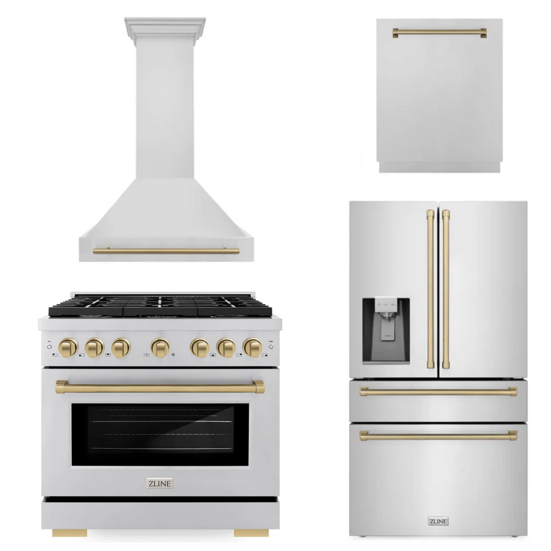 ZLINE Autograph Package - 36" Gas Range, Range Hood, Refrigerator, Dishwasher with Bronze Accents