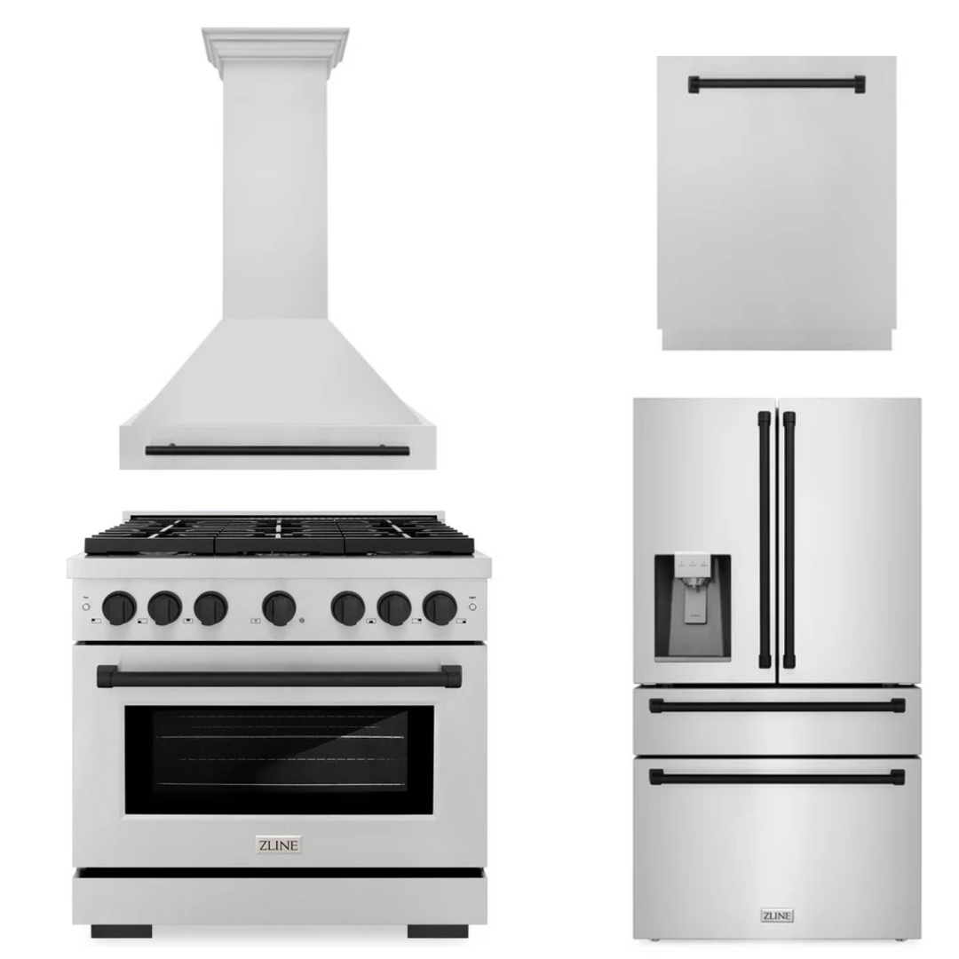 ZLINE Autograph Package - 36 In. Gas Range, Range Hood, Refrigerator, and Dishwasher in Stainless Steel with Matte Black Accents, 4AKPR-RGRHDWM36-MB