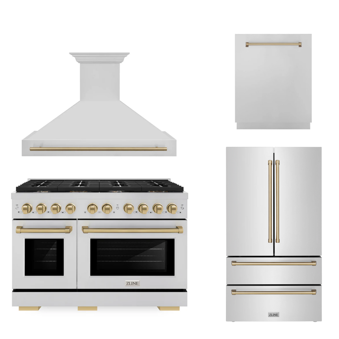 ZLINE Autograph Package - 48 in. Gas Range, Range Hood, 3 Rack Dishwasher, Refrigerator with Champagne Bronze Accents - 4AKPR-RGRHDWM48-CB