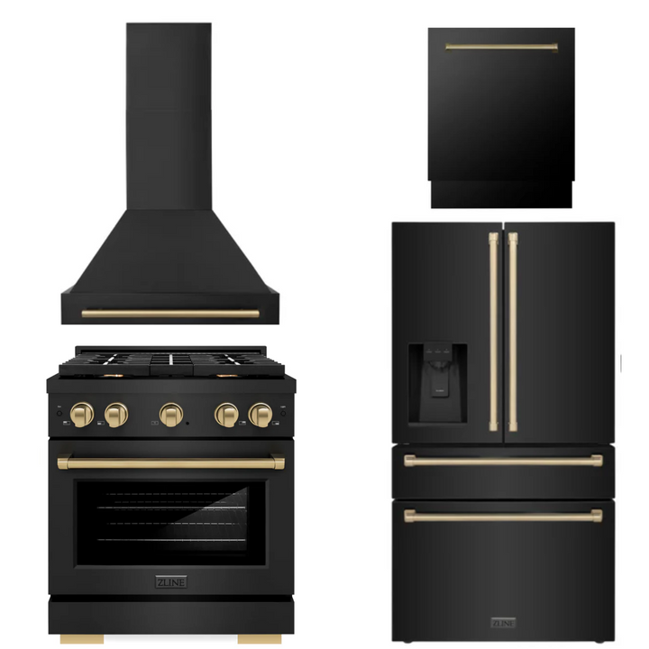 ZLINE Autograph Package - 30" Gas Range, Range Hood, Refrigerator with Water & Ice Dispenser, Dishwasher