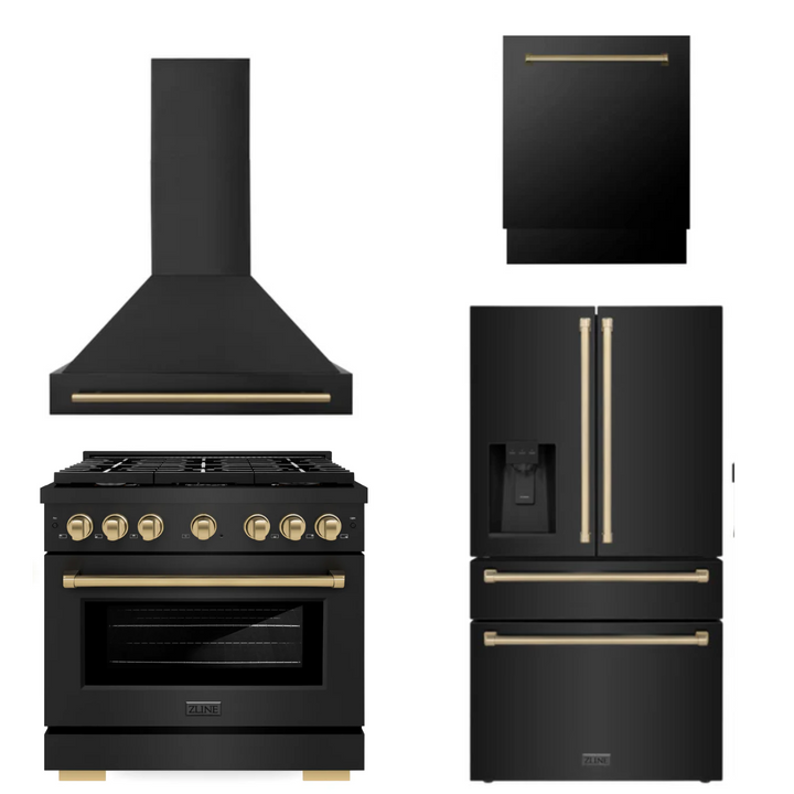 ZLINE Autograph Package - 36" Gas Range, Range Hood, Dishwasher, Refrigerator with Water & Ice Dispenser with Bronze Accents