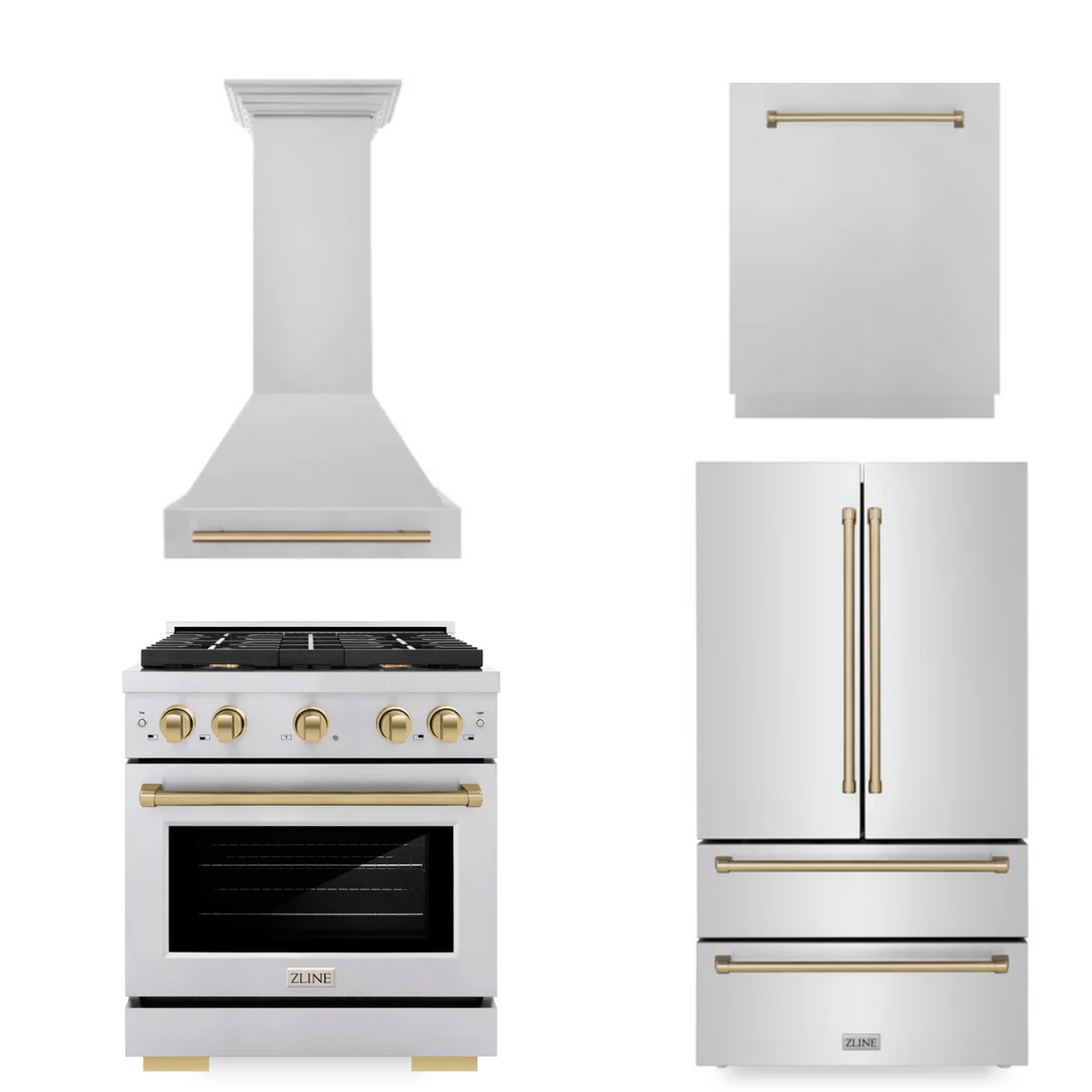 ZLINE Autograph Package - 30 In. Gas Range, Range Hood, Dishwasher, Refrigerator with Champagne Bronze Accents, 4KAPR-RGRHDWM30-CB