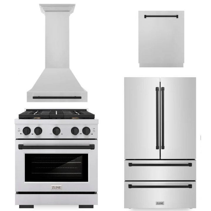 ZLINE Autograph Package - 30 Inch Gas Range, Range Hood, Dishwasher, Refrigerator in Stainless Steel with Matte Black Accents, 4KAPR-RGRHDWM30-MB