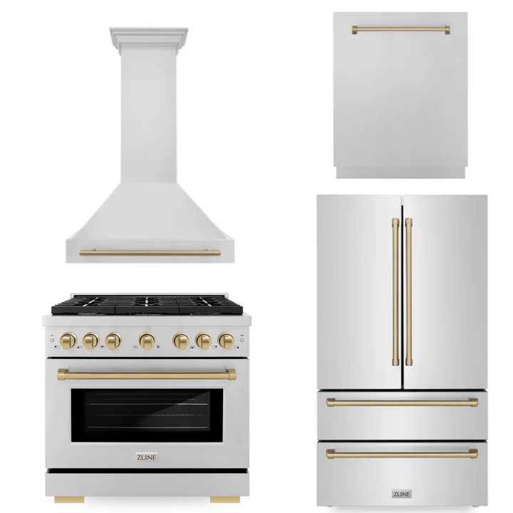 ZLINE Autograph Package - 36 In. Gas Range, Range Hood, Dishwasher, Refrigerator with Champagne Bronze Accents, 4KAPR-RGRHDWM36-CB