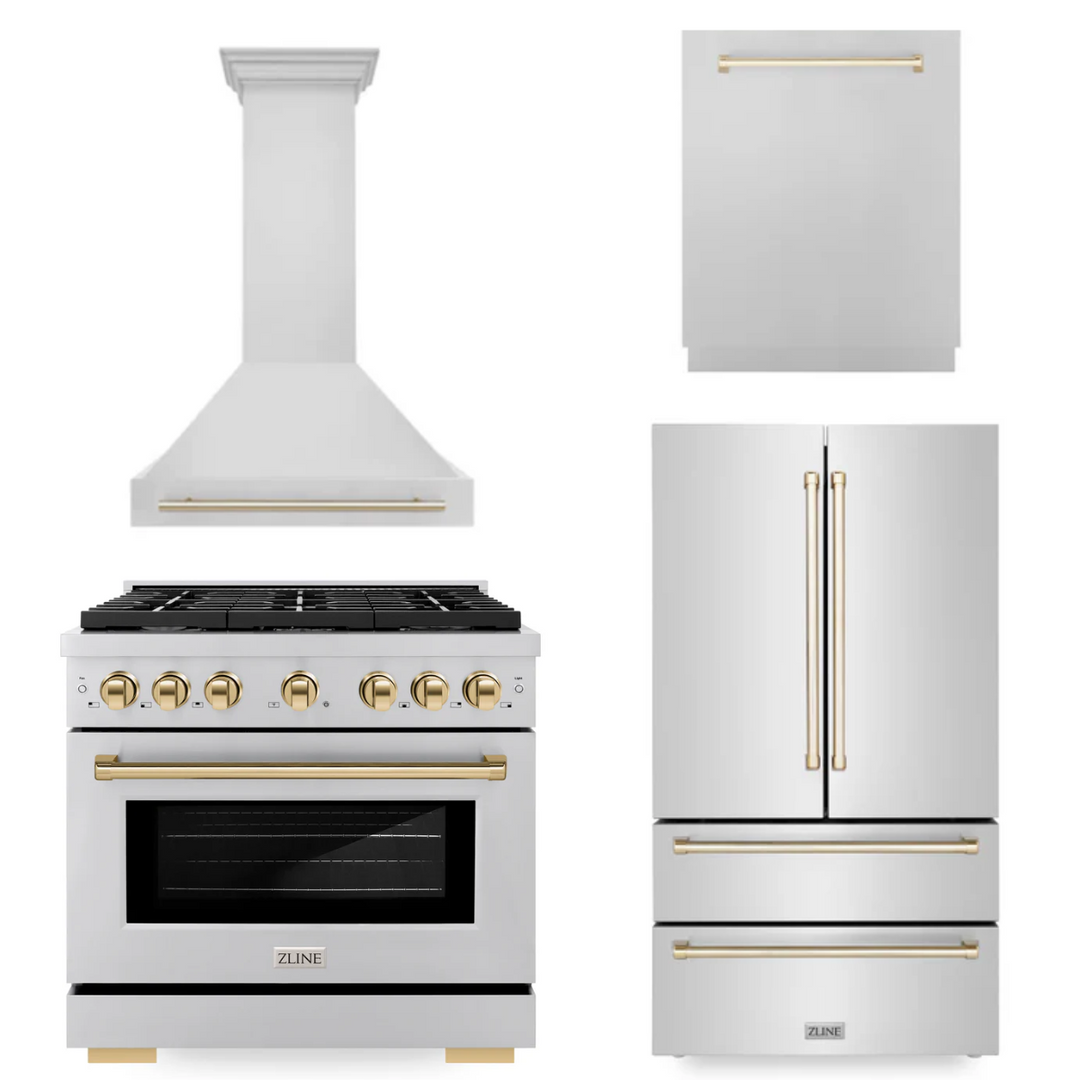 ZLINE Autograph Package - 36 In. Gas Range, Range Hood, Dishwasher, Refrigerator with Gold Accents, 4KAPR-RGRHDWM36-G