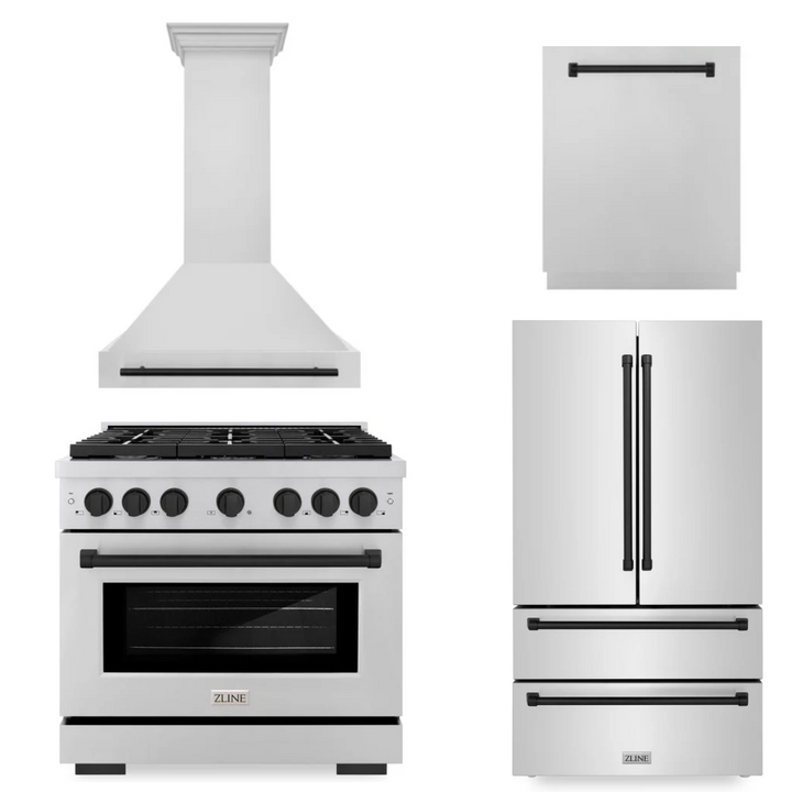 ZLINE Autograph Package - 36 In. Gas Range, Range Hood, Dishwasher, Refrigerator with Matte Black Accents, 4KAPR-RGRHDWM36-MB