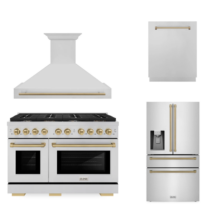 ZLINE Autograph Package - 48" Gas Range, Range Hood, Dishwasher, Refrigerator with Bronze Accents