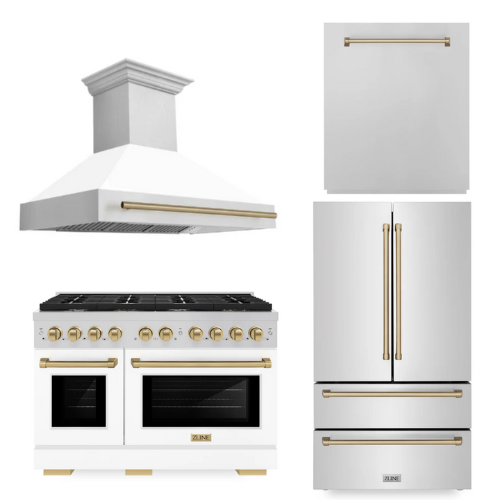 ZLINE Autograph Package - 48 In. Gas Range, Range Hood, Refrigerator, Dishwasher with Champagne Bronze Accents, 4KAPR-RGWMRHDWM48-CB