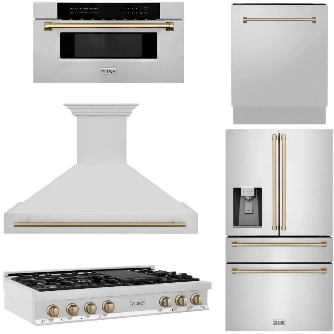 ZLINE Autograph Bronze Package - 48" Rangetop, 48" Range Hood, Dishwasher, Refrigerator with External Water and Ice Dispenser, Microwave Drawer