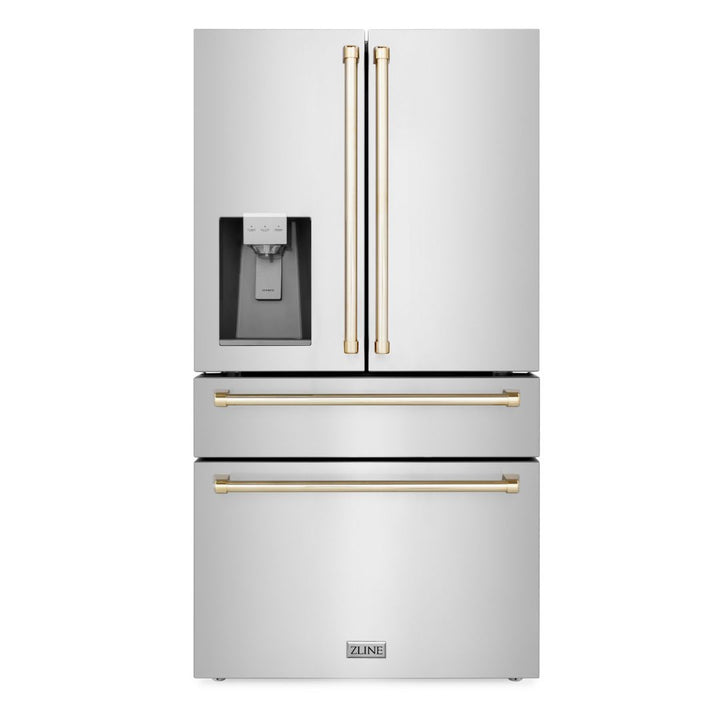 ZLINE 36 In. Autograph French Door Refrigerator with Water and Ice Dispenser in Fingerprint Resistant Stainless Steel with Gold Accents, RFMZ-W-36-G